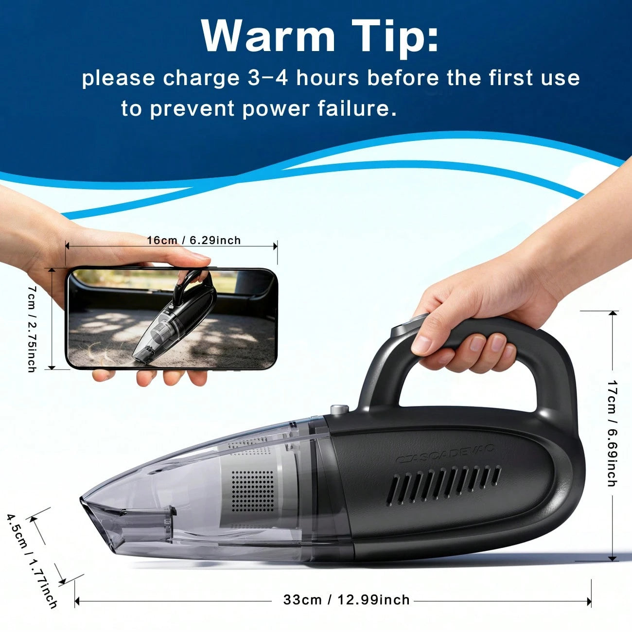 CascadeVac Car-Mounted Vacuum Cleaner, With Extremely Strong Suction Power, Handheld Vacuum Cleaner, 2000mAh Large Capacity, Low Noise, Equipped With Five Matching Accessories, Suitable For Cleaning C