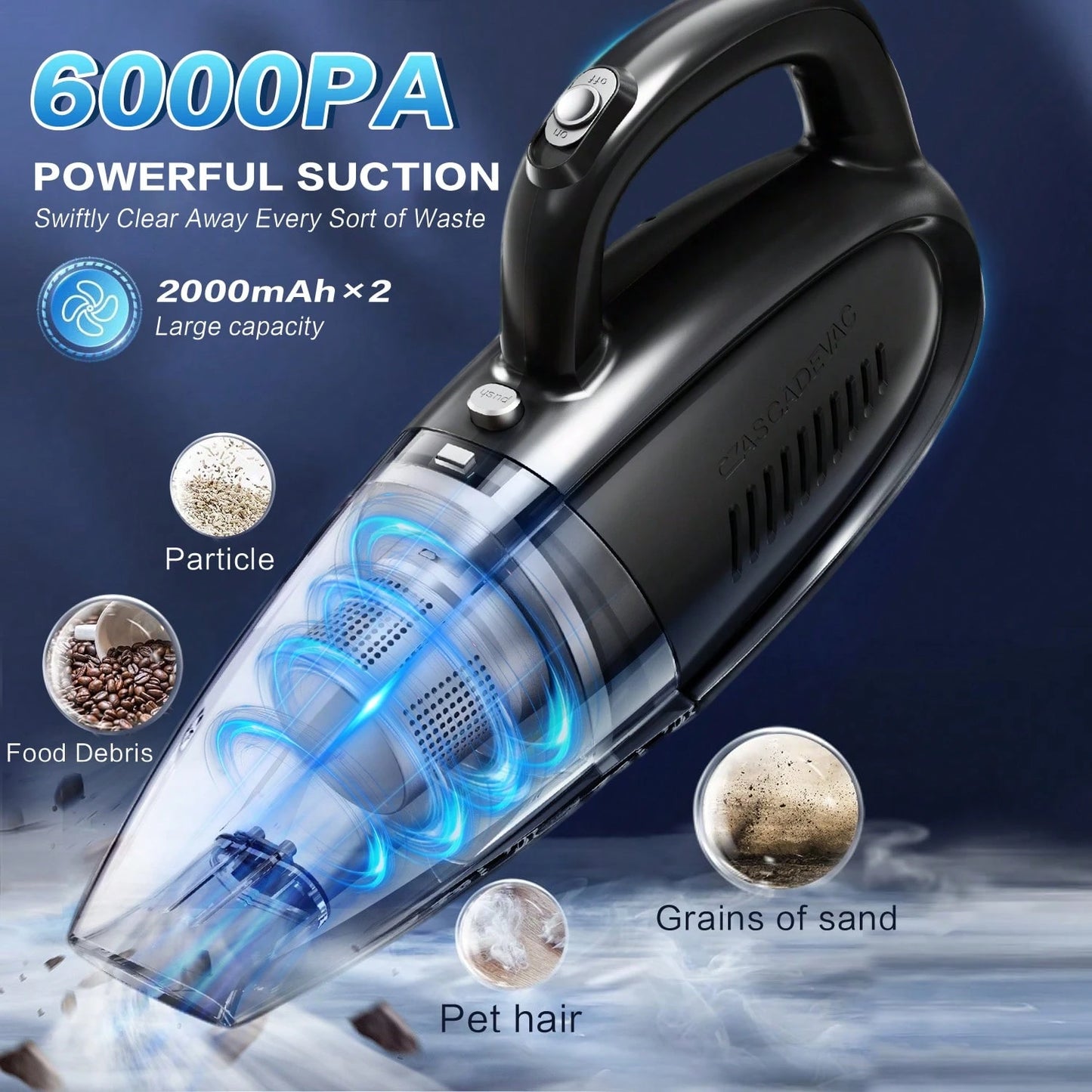 CascadeVac Car-Mounted Vacuum Cleaner, With Extremely Strong Suction Power, Handheld Vacuum Cleaner, 2000mAh Large Capacity, Low Noise, Equipped With Five Matching Accessories, Suitable For Cleaning C