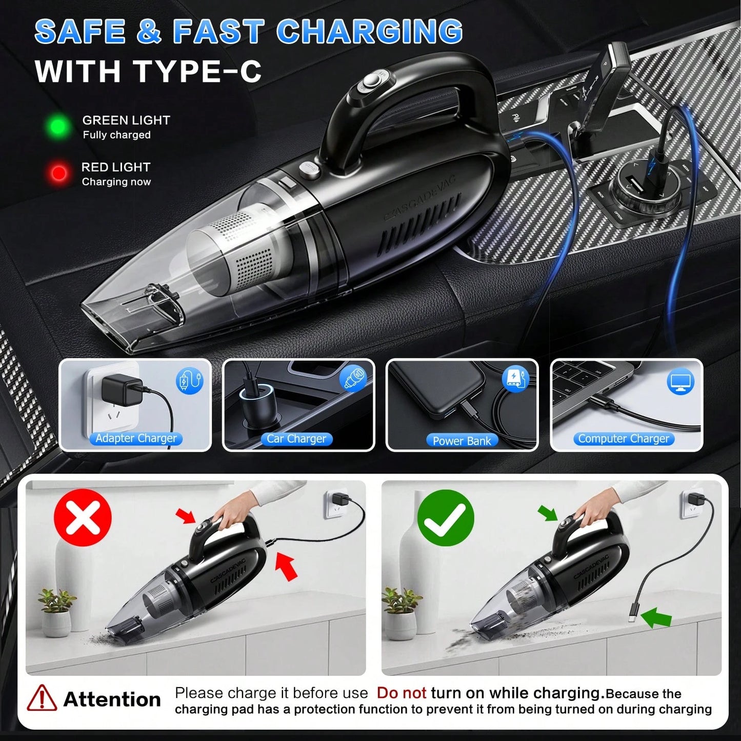 CascadeVac Car-Mounted Vacuum Cleaner, With Extremely Strong Suction Power, Handheld Vacuum Cleaner, 2000mAh Large Capacity, Low Noise, Equipped With Five Matching Accessories, Suitable For Cleaning C