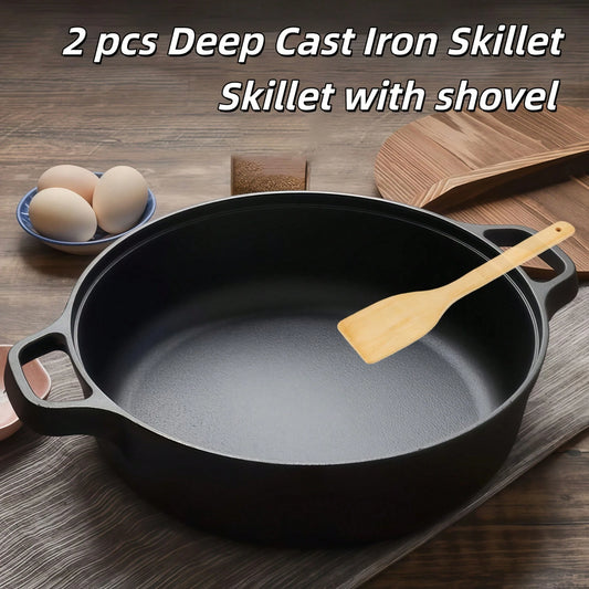 Cast Iron Skillet Set With Dual Handles, Cast Iron Frying Pan With Spatula, Flat Bottom Skillet For Steak, Bread, Baking, Pizza, Stockpot, Outdoor Camping, Grill, Stovetop & Oven Cookware