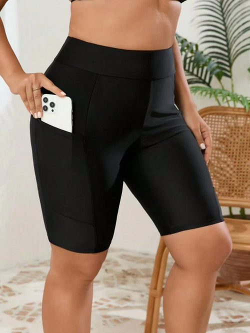 Casual Sporty Women's Plus Size High Elastic Slimming Swim Trunks With Pockets
