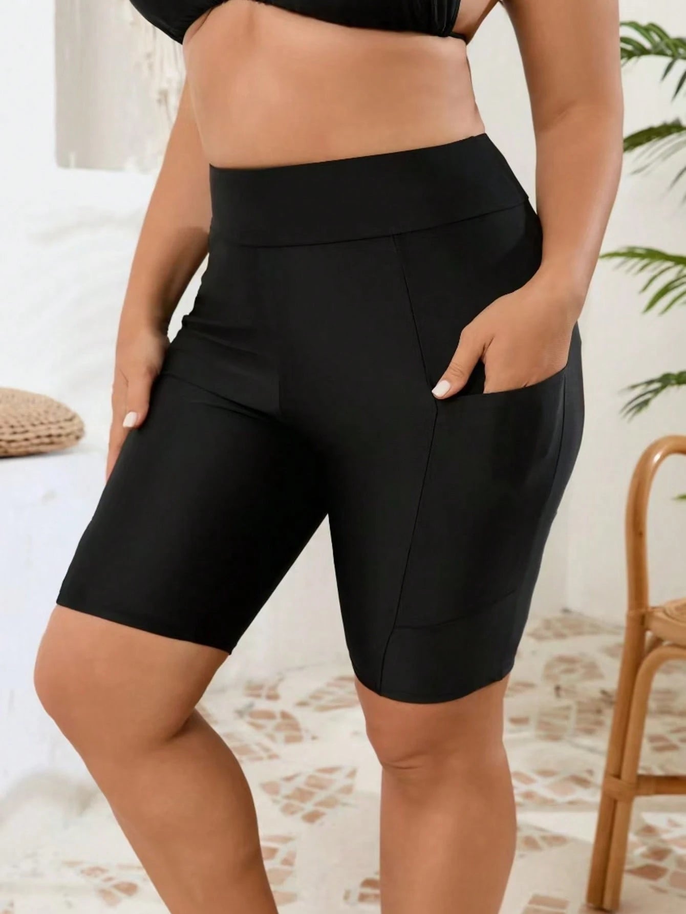 Casual Sporty Women's Plus Size High Elastic Slimming Swim Trunks With Pockets