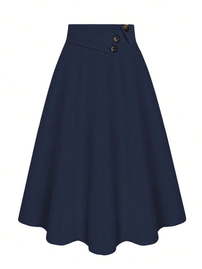 Casual Versatile High Waist A-Line Button Decor Elastic Waist Flared Skirt, Woven Twill Fabric, Apricot Color, For Women, Spring/Autumn