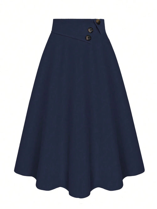 Casual Versatile High Waist A-Line Button Decor Elastic Waist Flared Skirt, Woven Twill Fabric, Apricot Color, For Women, Spring/Autumn