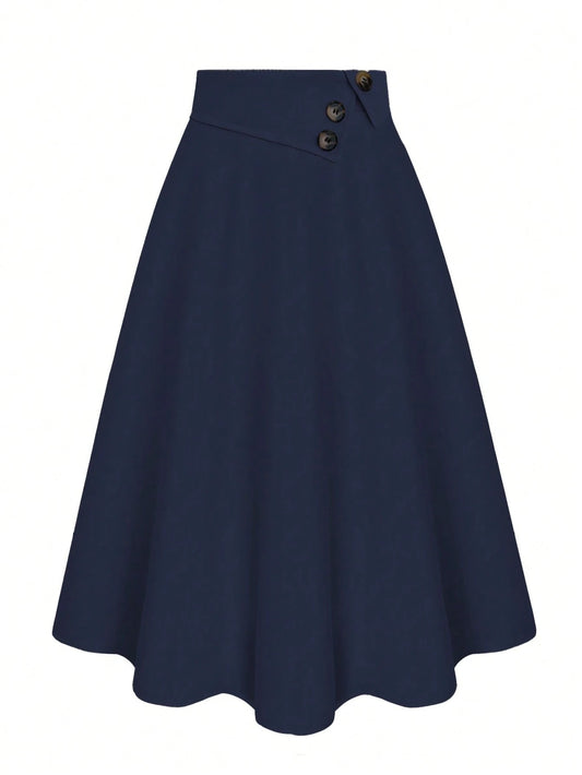 Casual Versatile High Waist A-Line Button Decor Elastic Waist Flared Skirt, Woven Twill Fabric, Apricot Color, For Women, Spring/Autumn