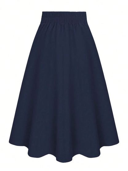 Casual Versatile High Waist A-Line Button Decor Elastic Waist Flared Skirt, Woven Twill Fabric, Apricot Color, For Women, Spring/Autumn