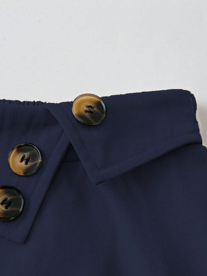 Casual Versatile High Waist A-Line Button Decor Elastic Waist Flared Skirt, Woven Twill Fabric, Apricot Color, For Women, Spring/Autumn