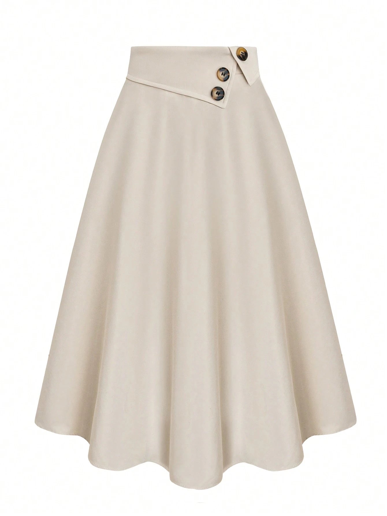Casual Versatile High Waist A-Line Button Decor Elastic Waist Flared Skirt, Woven Twill Fabric, Apricot Color, For Women, Spring/Autumn