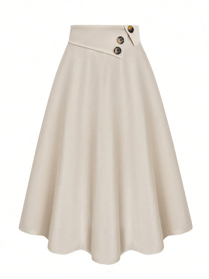 Casual Versatile High Waist A-Line Button Decor Elastic Waist Flared Skirt, Woven Twill Fabric, Apricot Color, For Women, Spring/Autumn
