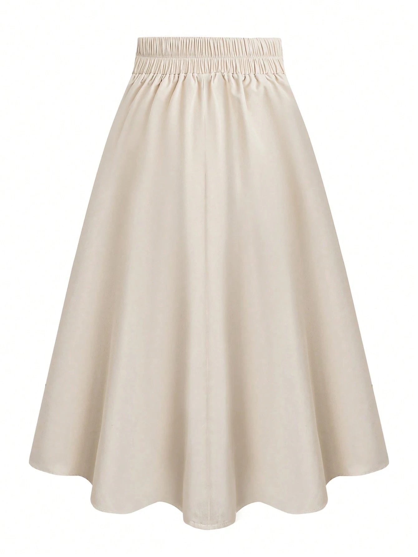 Casual Versatile High Waist A-Line Button Decor Elastic Waist Flared Skirt, Woven Twill Fabric, Apricot Color, For Women, Spring/Autumn