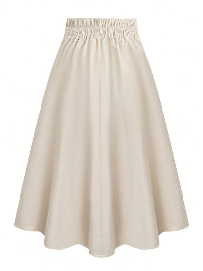 Casual Versatile High Waist A-Line Button Decor Elastic Waist Flared Skirt, Woven Twill Fabric, Apricot Color, For Women, Spring/Autumn