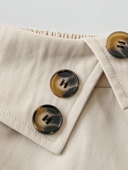 Casual Versatile High Waist A-Line Button Decor Elastic Waist Flared Skirt, Woven Twill Fabric, Apricot Color, For Women, Spring/Autumn