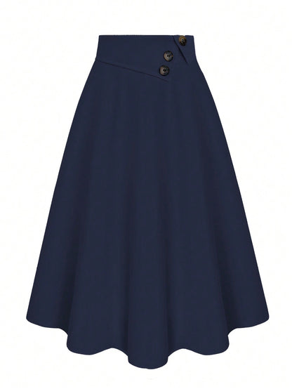 Casual Versatile High Waist A-Line Button Decor Elastic Waist Flared Skirt, Woven Twill Fabric, Apricot Color, For Women, Spring/Autumn