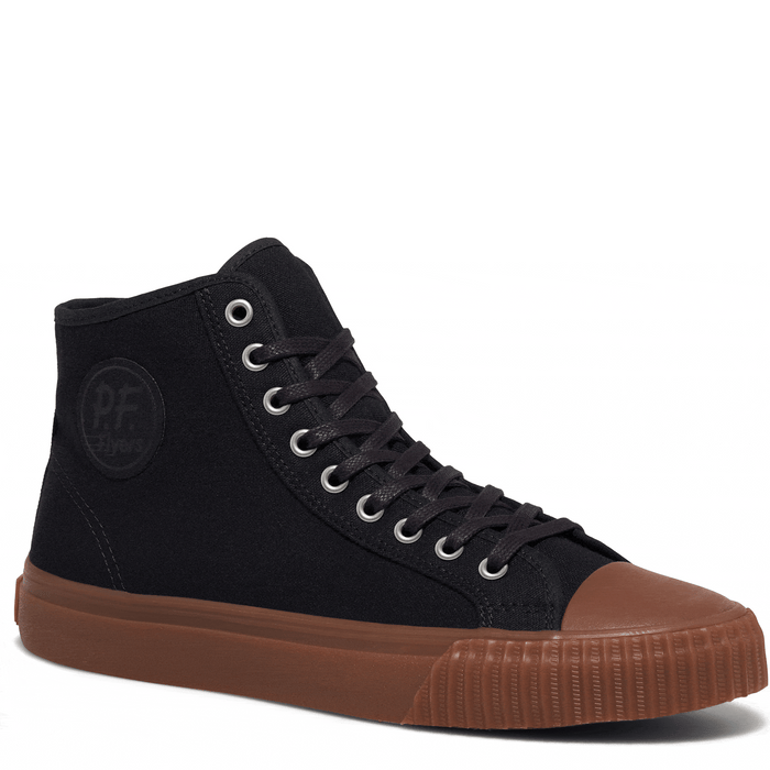 Rotating gif showing different angles of a black high-top sneaker with a brown sole.