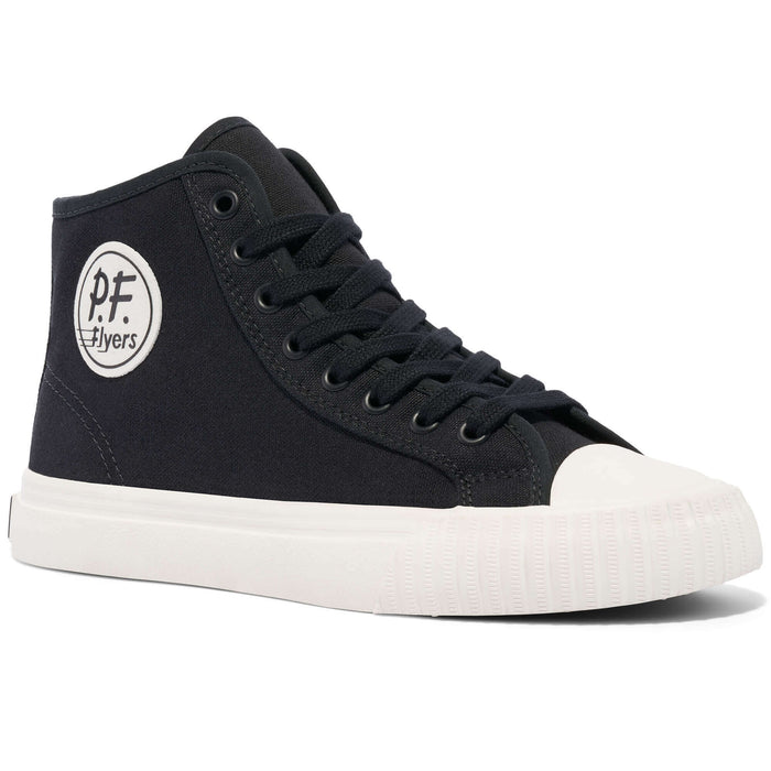 Black high-top sneaker with white sole on a white background.