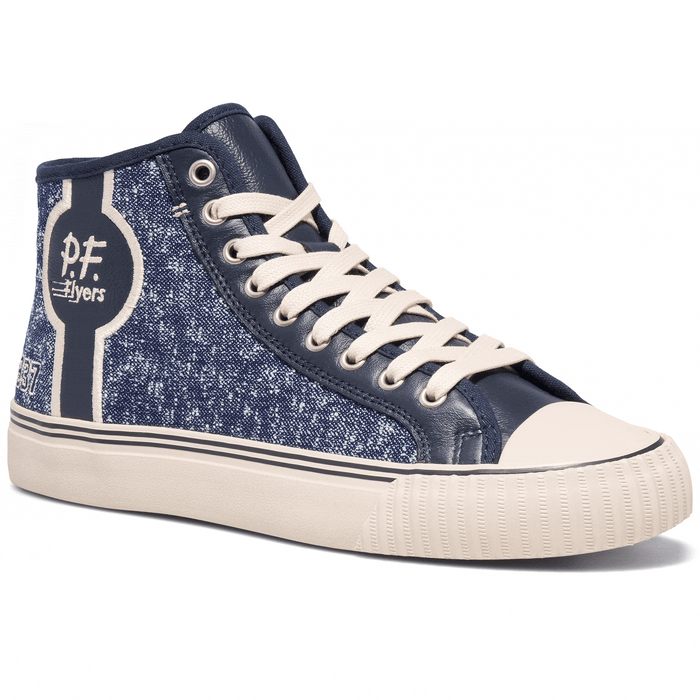 Navy high-top sneaker rotating gif showing different angles of the sneaker.