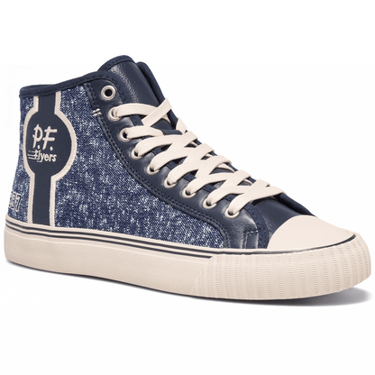 Navy high-top sneaker rotating gif showing different angles of the sneaker.
