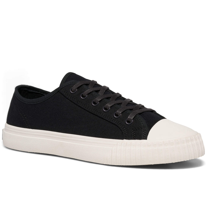 Black low-top sneaker with white sole on a white background.