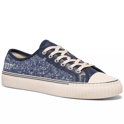Navy low-top sneaker rotating gif showing different angles of the sneaker.