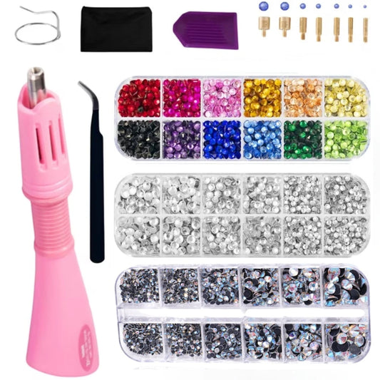 cgelaero 8500pcs Rhinestone Hot Fix Rhinestone Decoration Tool Kit, Suitable For Clothes, Fabric, Leather And Other Materials, Includes 6 Applicator Tips, Stand, Tray, Tweezers And 3 Boxes Of AB Color