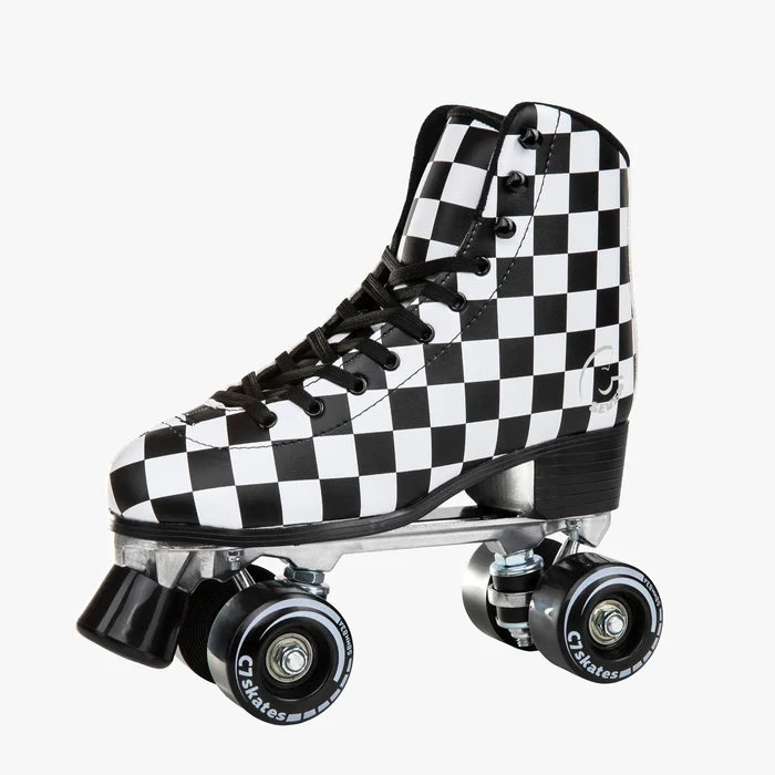 Black and white checkered roller skate on a white background