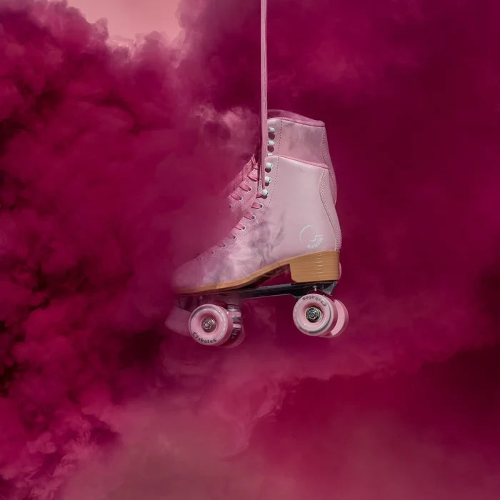 pink roller skate with pink smoke effect on a pink background