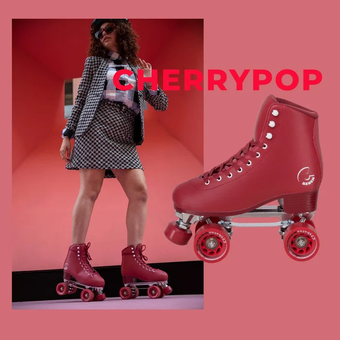 Person wearing red roller skates with 'Cherrypop' branding on a pink background