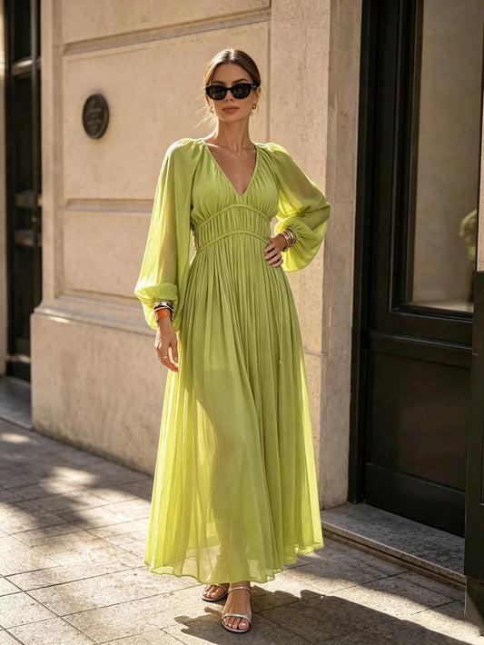 Chiffon Maxi Dress- Deep V-Neck With Puff Sleeves, Waist Cinched, Flowy Beach Vacation Sundress,Suitable For Beach Vacations And Travel.V-Neck,Fall
