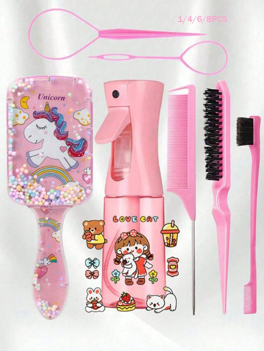 CHIGO Mini Cartoon Comb And Cartoon Pattern Continuous Spray Bottle Set- 4/6/8 Pcs, Brush, Hair Brush, Edge Brush, Comb, Comb, Comb, Detangling Brush, Ball Brush, Mini Hair Brush, Hair Brush Set, Woo