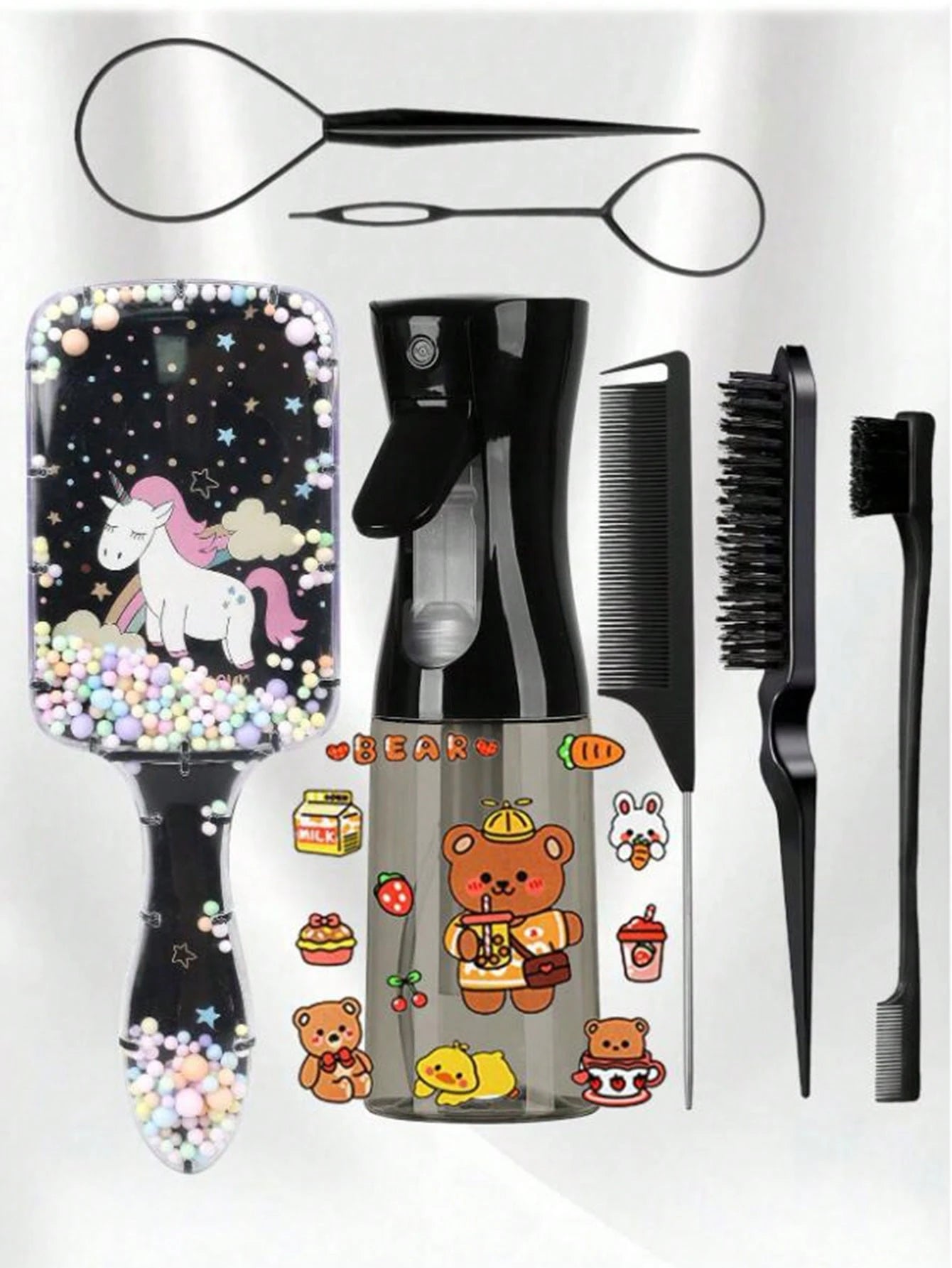 CHIGO Mini Cartoon Comb And Cartoon Pattern Continuous Spray Bottle Set- 4/6/8 Pcs, Brush, Hair Brush, Edge Brush, Comb, Comb, Comb, Detangling Brush, Ball Brush, Mini Hair Brush, Hair Brush Set, Woo