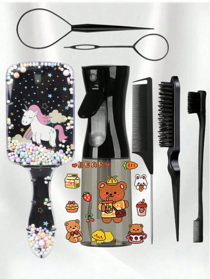 CHIGO Mini Cartoon Comb And Cartoon Pattern Continuous Spray Bottle Set- 4/6/8 Pcs, Brush, Hair Brush, Edge Brush, Comb, Comb, Comb, Detangling Brush, Ball Brush, Mini Hair Brush, Hair Brush Set, Woo