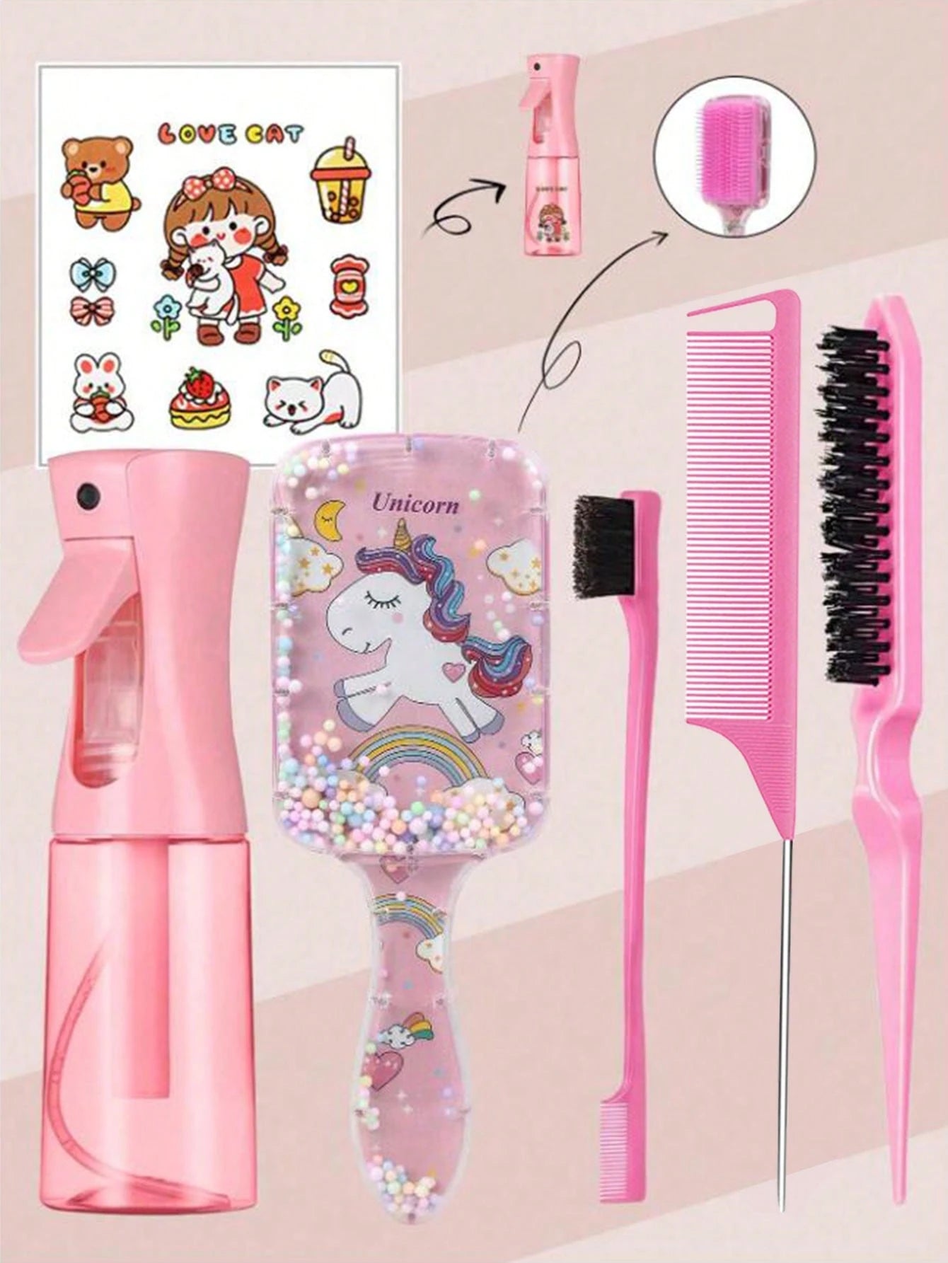 CHIGO Mini Cartoon Comb And Cartoon Pattern Continuous Spray Bottle Set- 4/6/8 Pcs, Brush, Hair Brush, Edge Brush, Comb, Comb, Comb, Detangling Brush, Ball Brush, Mini Hair Brush, Hair Brush Set, Woo