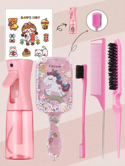 CHIGO Mini Cartoon Comb And Cartoon Pattern Continuous Spray Bottle Set- 4/6/8 Pcs, Brush, Hair Brush, Edge Brush, Comb, Comb, Comb, Detangling Brush, Ball Brush, Mini Hair Brush, Hair Brush Set, Woo