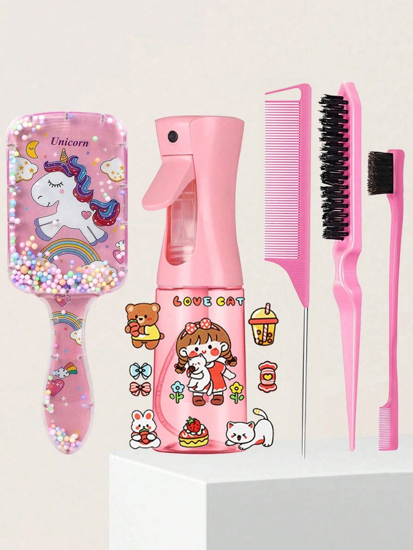 CHIGO Mini Cartoon Comb And Cartoon Pattern Continuous Spray Bottle Set- 4/6/8 Pcs, Brush, Hair Brush, Edge Brush, Comb, Comb, Comb, Detangling Brush, Ball Brush, Mini Hair Brush, Hair Brush Set, Woo
