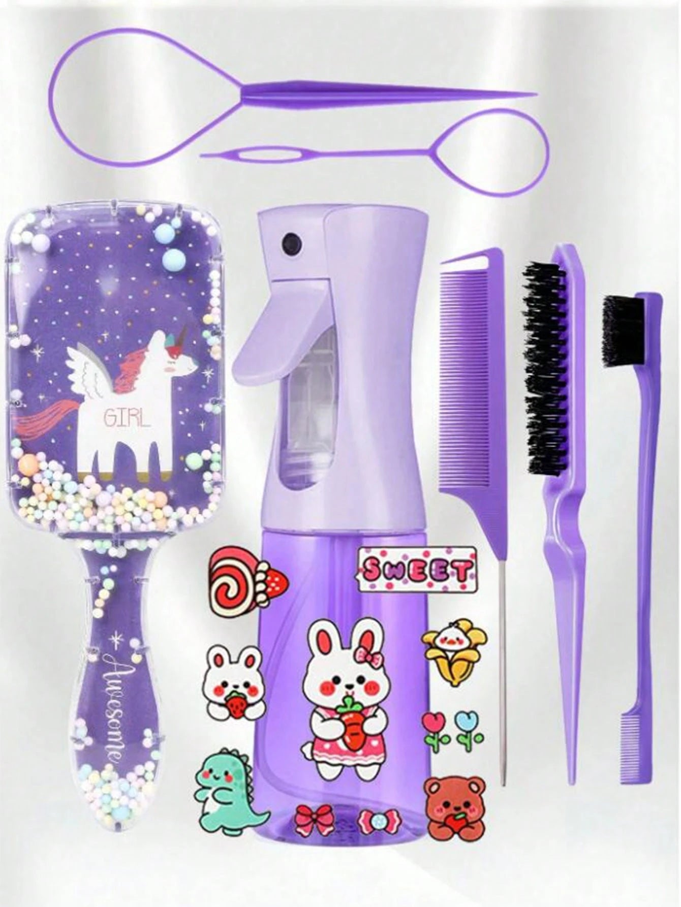 CHIGO Mini Cartoon Comb And Cartoon Pattern Continuous Spray Bottle Set- 4/6/8 Pcs, Brush, Hair Brush, Edge Brush, Comb, Comb, Comb, Detangling Brush, Ball Brush, Mini Hair Brush, Hair Brush Set, Woo