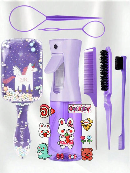 CHIGO Mini Cartoon Comb And Cartoon Pattern Continuous Spray Bottle Set- 4/6/8 Pcs, Brush, Hair Brush, Edge Brush, Comb, Comb, Comb, Detangling Brush, Ball Brush, Mini Hair Brush, Hair Brush Set, Woo