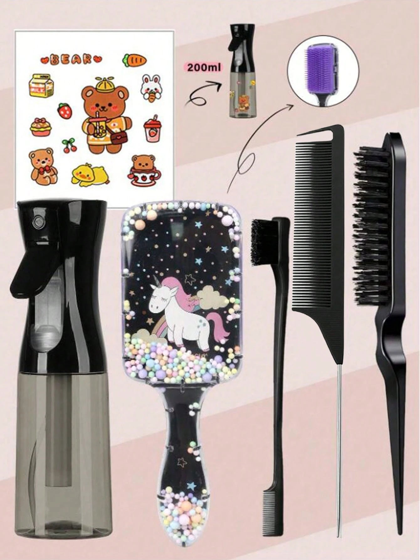 CHIGO Mini Cartoon Comb And Cartoon Pattern Continuous Spray Bottle Set- 4/6/8 Pcs, Brush, Hair Brush, Edge Brush, Comb, Comb, Comb, Detangling Brush, Ball Brush, Mini Hair Brush, Hair Brush Set, Woo