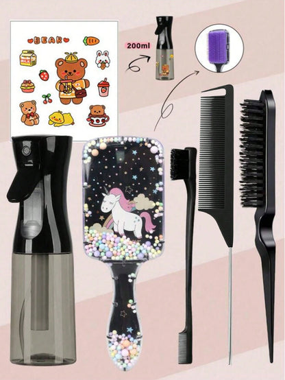 CHIGO Mini Cartoon Comb And Cartoon Pattern Continuous Spray Bottle Set- 4/6/8 Pcs, Brush, Hair Brush, Edge Brush, Comb, Comb, Comb, Detangling Brush, Ball Brush, Mini Hair Brush, Hair Brush Set, Woo