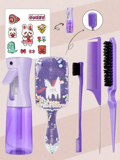 CHIGO Mini Cartoon Comb And Cartoon Pattern Continuous Spray Bottle Set- 4/6/8 Pcs, Brush, Hair Brush, Edge Brush, Comb, Comb, Comb, Detangling Brush, Ball Brush, Mini Hair Brush, Hair Brush Set, Woo