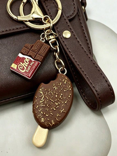Chocolate And Ice Cream Bag Charm, Cute Dessert Keychain, Summer Dessert Accessory, Women's Popular Dessert Theme Bag Charm, Realistic Chocolate Bar And Soft Ice Cream Design! Made Of Durable Resin Wi