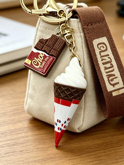 Chocolate And Ice Cream Bag Charm, Cute Dessert Keychain, Summer Dessert Accessory, Women's Popular Dessert Theme Bag Charm, Realistic Chocolate Bar And Soft Ice Cream Design! Made Of Durable Resin Wi