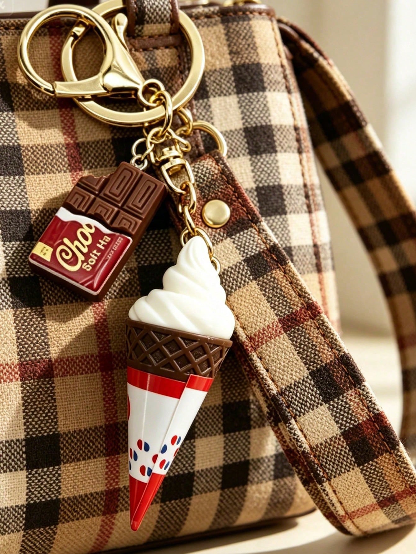 Chocolate And Ice Cream Bag Charm, Cute Dessert Keychain, Summer Dessert Accessory, Women's Popular Dessert Theme Bag Charm, Realistic Chocolate Bar And Soft Ice Cream Design! Made Of Durable Resin Wi