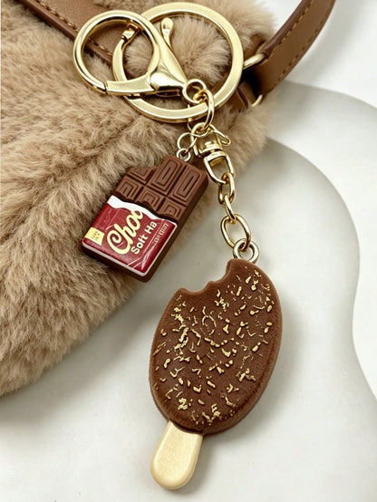 Chocolate And Ice Cream Bag Charm, Cute Dessert Keychain, Summer Dessert Accessory, Women's Popular Dessert Theme Bag Charm, Realistic Chocolate Bar And Soft Ice Cream Design! Made Of Durable Resin Wi