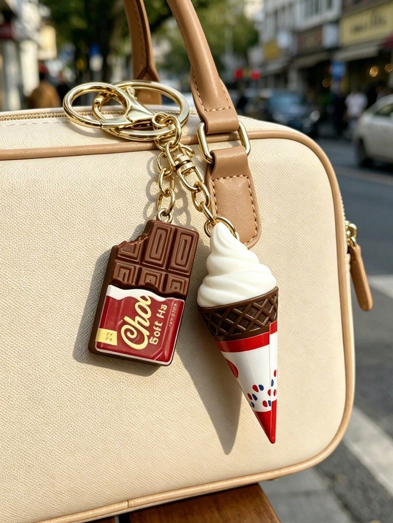 Chocolate And Ice Cream Bag Charm, Cute Dessert Keychain, Summer Dessert Accessory, Women's Popular Dessert Theme Bag Charm, Realistic Chocolate Bar And Soft Ice Cream Design! Made Of Durable Resin Wi