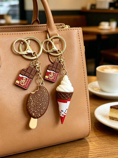 Chocolate And Ice Cream Bag Charm, Cute Dessert Keychain, Summer Dessert Accessory, Women's Popular Dessert Theme Bag Charm, Realistic Chocolate Bar And Soft Ice Cream Design! Made Of Durable Resin Wi