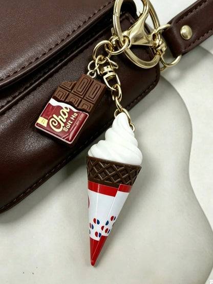 Chocolate And Ice Cream Bag Charm, Cute Dessert Keychain, Summer Dessert Accessory, Women's Popular Dessert Theme Bag Charm, Realistic Chocolate Bar And Soft Ice Cream Design! Made Of Durable Resin Wi