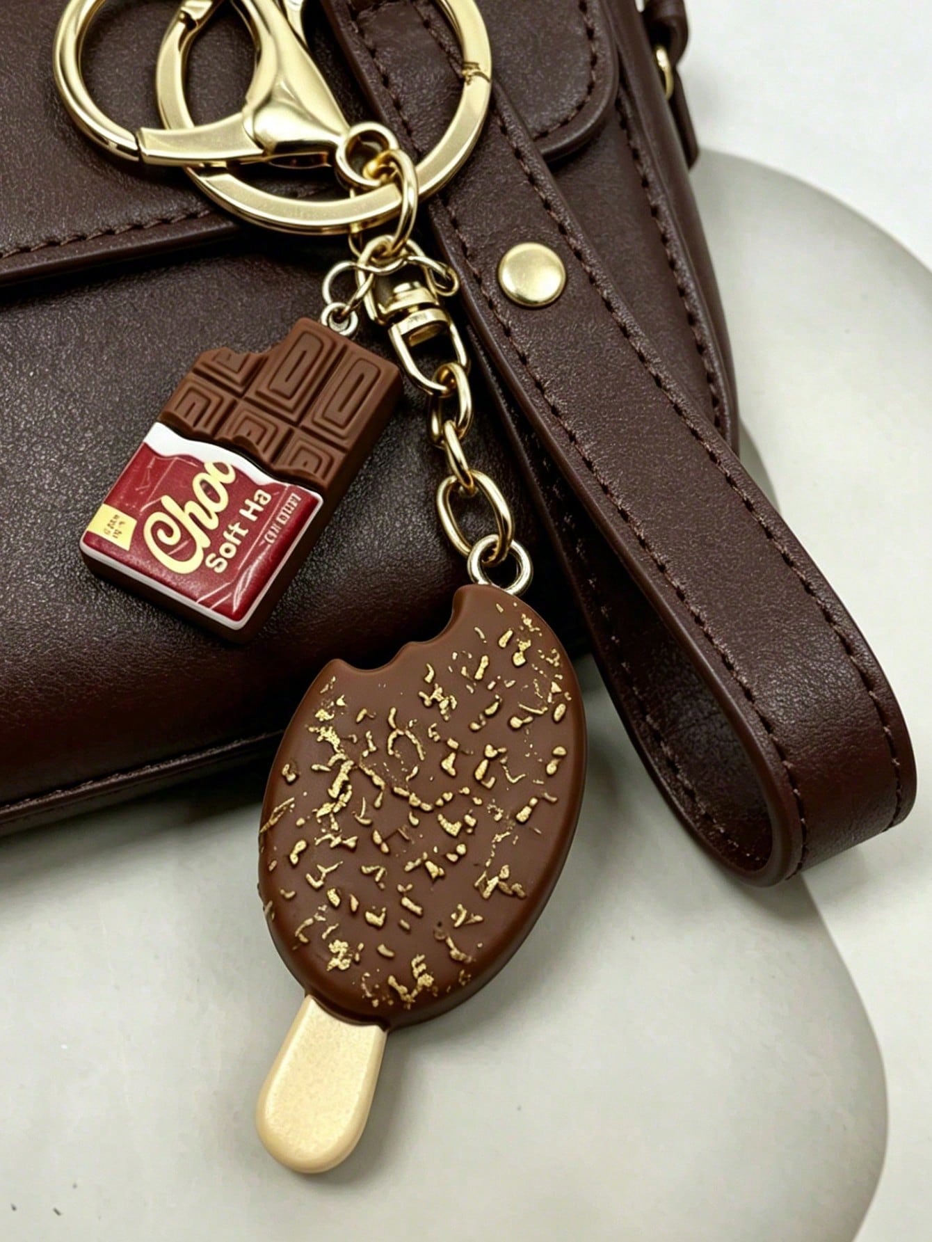 Chocolate And Ice Cream Bag Charm, Cute Dessert Keychain, Summer Dessert Accessory, Women's Popular Dessert Theme Bag Charm, Realistic Chocolate Bar And Soft Ice Cream Design! Made Of Durable Resin Wi