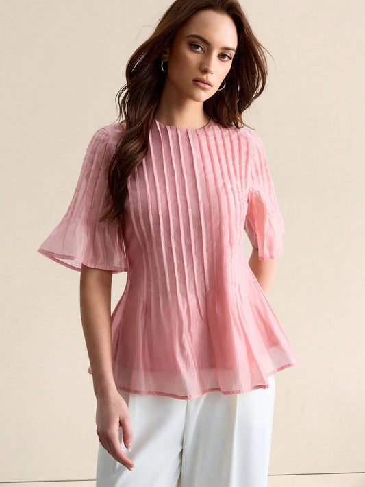 CielaLinda Women's Elegant Dusty Pink Pleated Crew Neck Short Sleeve Waist-Cinched Peplum Top,Summer Office Tea Party Work Blouse,Chic Minimalist Dressy Shirt