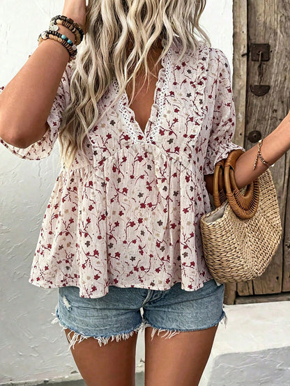 Clasi CURVE Plus Size Women's Floral V-Neck Ruffle Blouse, Textured Crinkled Waist-Cinching A-Line Babydoll Short Sleeve Shirt, Spring/Summer