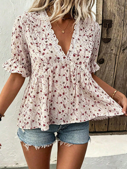 Clasi CURVE Plus Size Women's Floral V-Neck Ruffle Blouse, Textured Crinkled Waist-Cinching A-Line Babydoll Short Sleeve Shirt, Spring/Summer